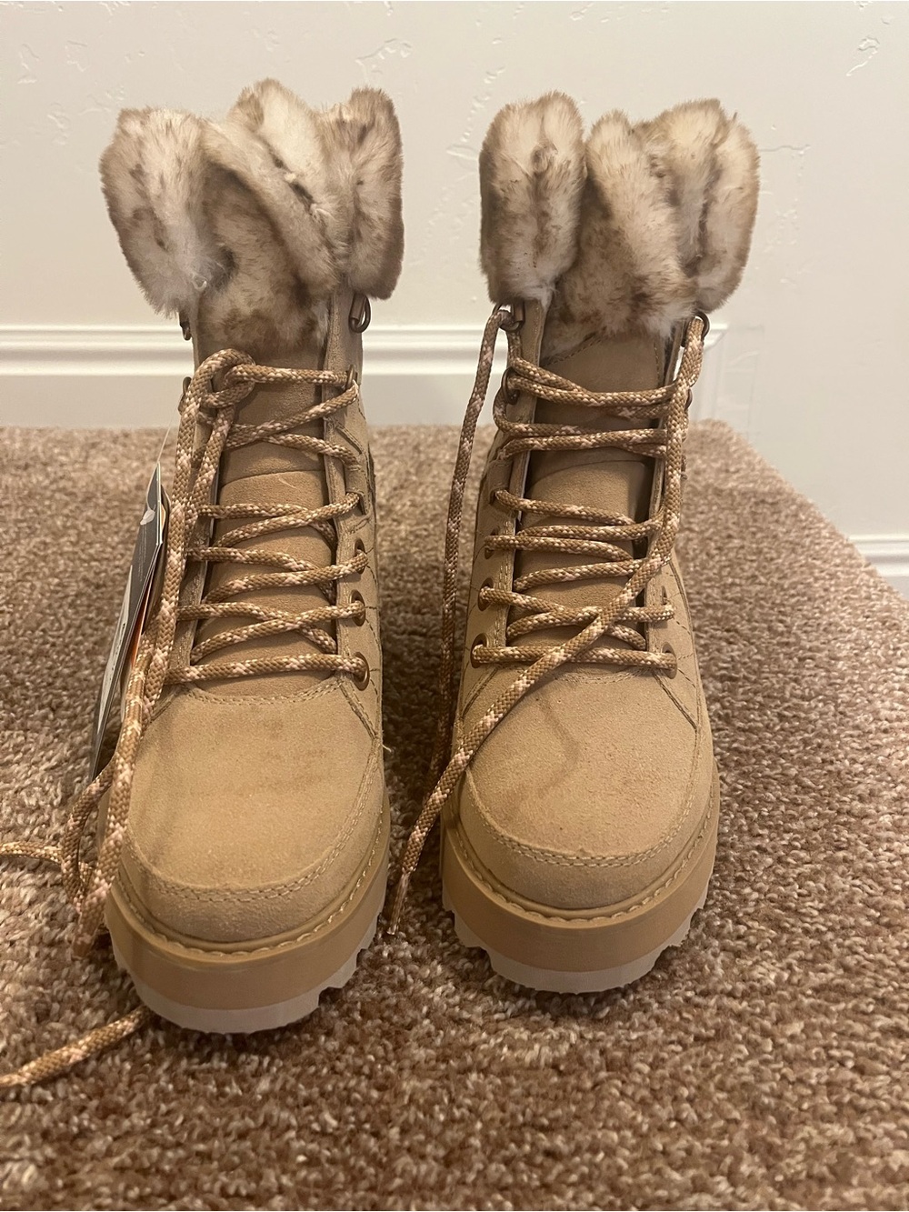 Roxy Tan Faux-Fur Trim Lace-Up Winter Boots